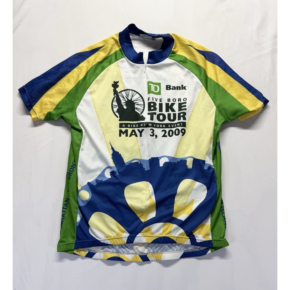 Cycling Jersey Mens Large TD Five Boro Bike Tour 2009 NYC Graphic full zip white
